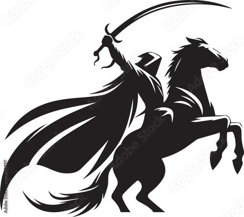 Silhouette of Medieval Warrior on Horse with Sword – Vector Art	