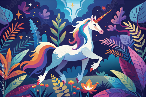 Majestic Rainbow Unicorn in Enchanted Forest. A Fantasy Illustration