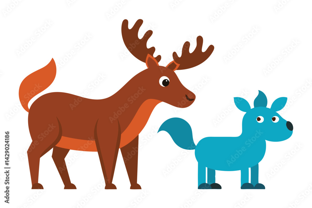 Obraz premium Cartoon brown moose with large antlers standing next to a blue pony