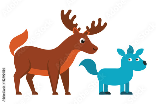 Cartoon brown moose with large antlers standing next to a blue pony