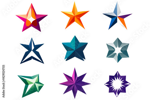 Set of different drawings of colored stars. Transparent background