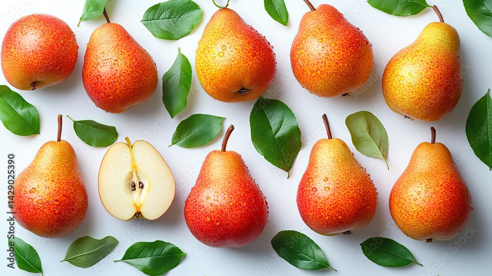 Obraz premium fresh pears and green leaves in air on white background