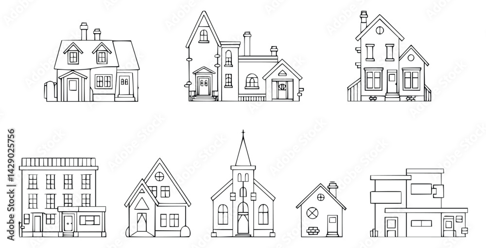 Diverse line art collection of houses and buildings isolated on white background