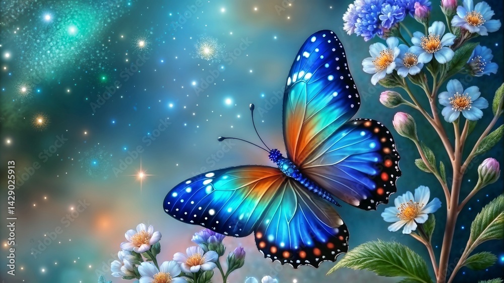 Colorful butterfly fluttering among flowers against a cosmic background