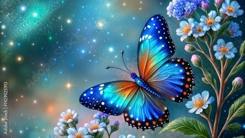 Obraz na płótnie Colorful butterfly fluttering among flowers against a cosmic background w salonie