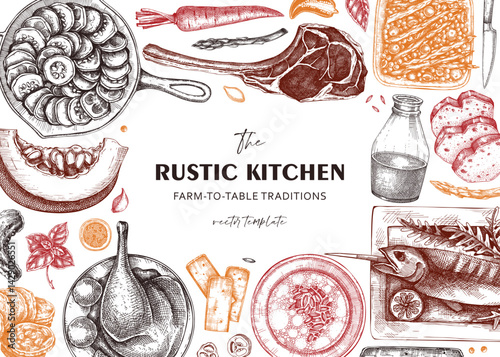 Farmhouse food background. Hand-drawn vector illustrations. Rustic kitchen sketch. Family dinner frame design. NOT AI generated.