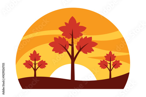 Stylized Autumn Scene with Trees, Sunset, and Fall Colors