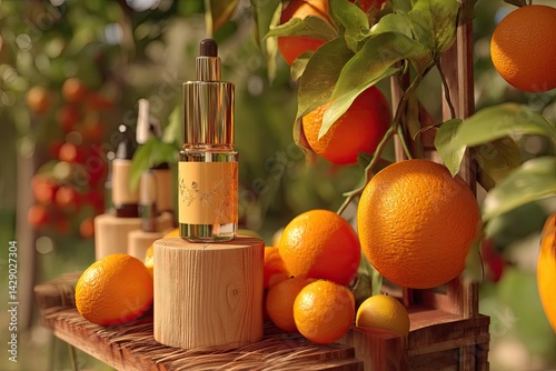 Citrus essential oil display in a garden setting photo
