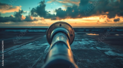 Telescope pointed at sea horizon during sunset