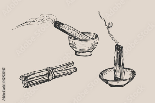Palo santo tree stick drawing illustration set. Fragrant aroma wooden incense burning stick sketch engraving style vector. Hand drawn line art clipart