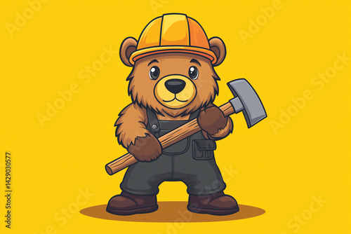 Tough Construction Bear in Hard Hat Holding Hammer Illustration