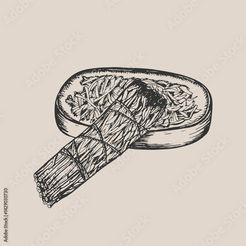 Smudge stick incense drawing illustration. Smoldering herbs for fumigation sketch engraving style vector. Hand drawn line art clipart