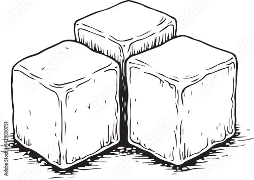 Sugar Cubes, Black and White Vector Illustration, Sketch Drawing Line Linear Symbol Icon Engraving, Hand-drawn Isolated