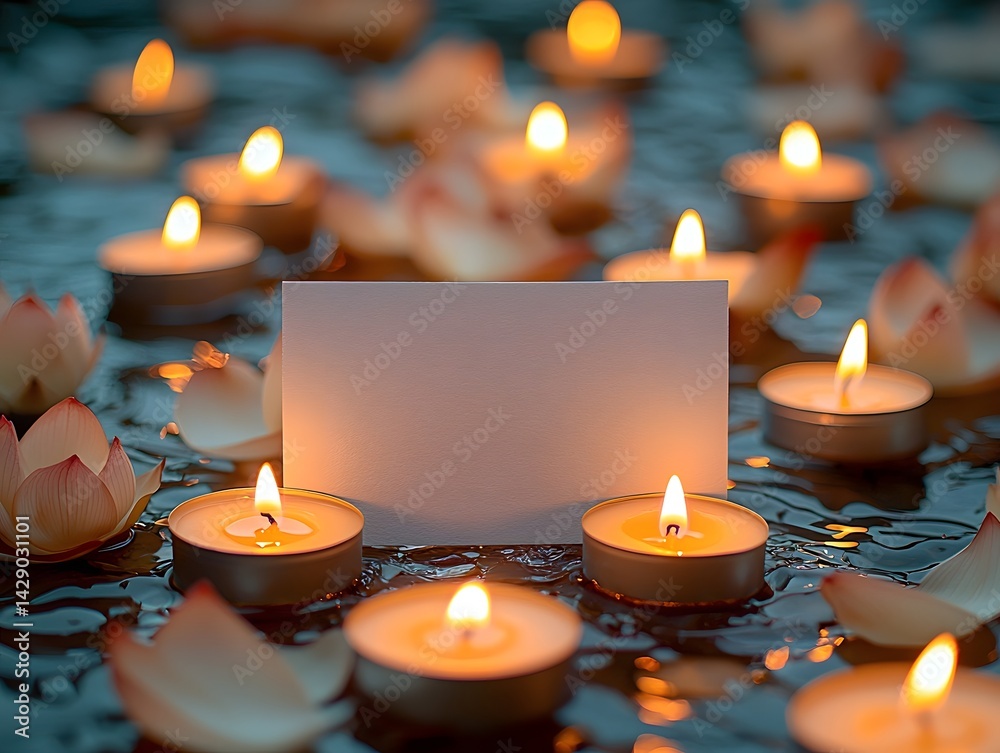 Serene Candles and Lotus Petals with a Blank Card