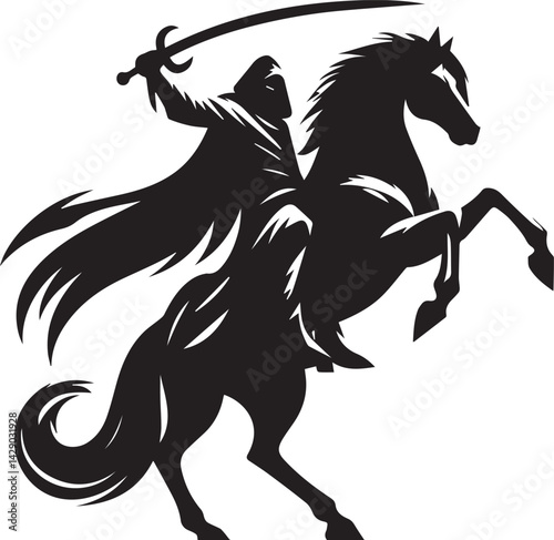Silhouette of Medieval Warrior on Horse with Sword – Vector Art	