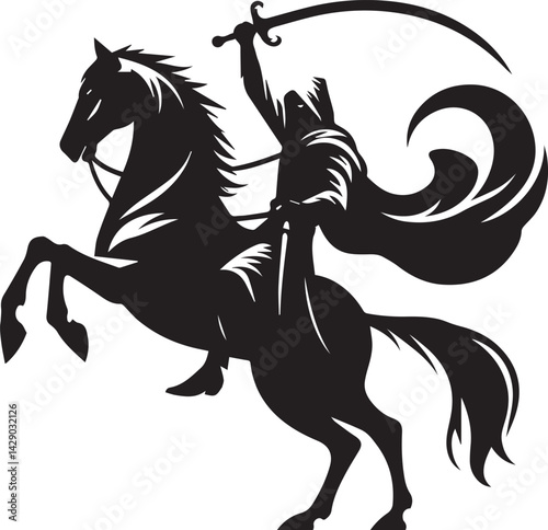 Silhouette of Medieval Warrior on Horse with Sword – Vector Art	