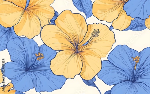Elegant Blue and Yellow Hibiscus Flower Seamless Pattern