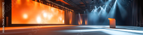 Empty conference hall ready for business presentation. Microphone on podium. Rows of orange seats, blurred background. Annual general meeting corporate event concept. Conference room. Presentation, photo