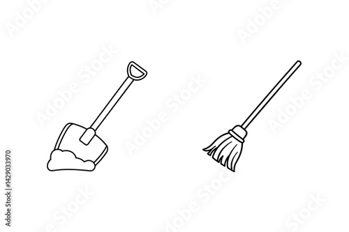 Simple Outline Drawing Of A Shovel And Broom For Cleaning And Gardening