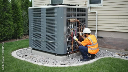 Air conditioning technician repairs HVAC unit outside house, wearing safety gear and working with copper pipes and electrical wiring.
