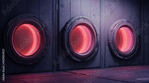 Futuristic circular portals with glowing red accents set against a metallic wall, creating a sci-fi atmosphere.