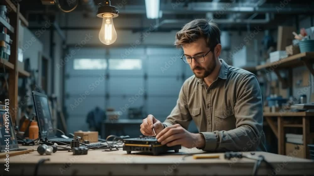 Focused technician repairing electronic components in his workshop environment Focused technician repairing electronic components in his workshop environment