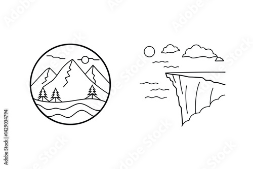 Mountain Landscape And Cliff Line Art Illustration For Minimalist Design