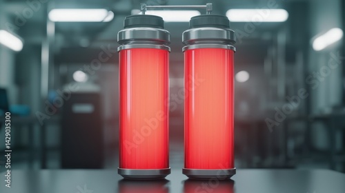 Two glowing red canisters sit on a table in a modern, industrial environment, showcasing a high-tech design.