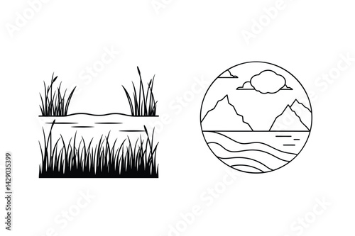 Minimalist Vector Landscape Illustrations With Grass Lake Mountains And Clouds Set