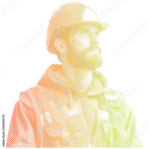 Male labor worker in vest and hardhat in halftone color vector