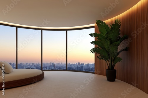 A serene interior featuring a curved window with a city view, accented by wooden walls and a large indoor plant, creating a tranquil atmosphere.