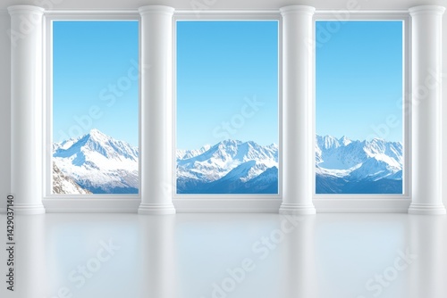 A bright, minimalist interior features three tall windows framing serene snow-capped mountains under a clear blue sky.