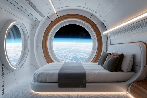 A futuristic bedroom featuring round windows with a view of Earth from space, showcasing sleek design and modern aesthetics.