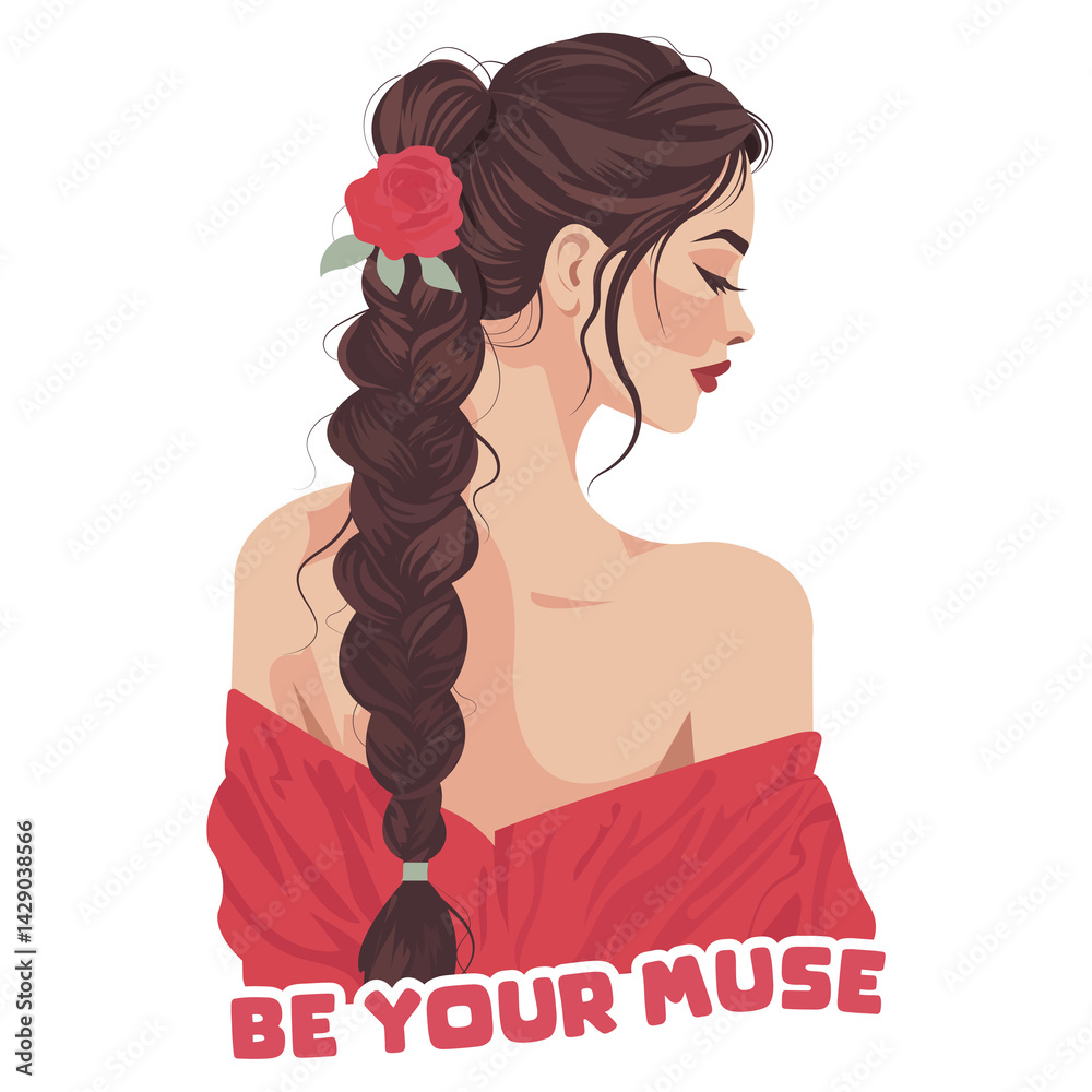 Feminine sticker of a stylish woman with braided hair and red rose. Includes