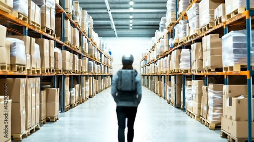 Wallpaper Mural Warehouse automation, Warehouse worker with a backpack and helmet standing in a storage aisle among stacks of boxes. Torontodigital.ca