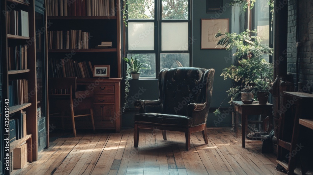 Fototapeta premium Classic reading room with vintage furniture and library