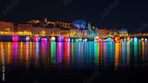 Lyon nighttime riverside light festival reflection