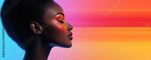A vibrant profile of a woman with bold makeup, set against a colorful gradient background featuring hues of blue, pink, and orange.