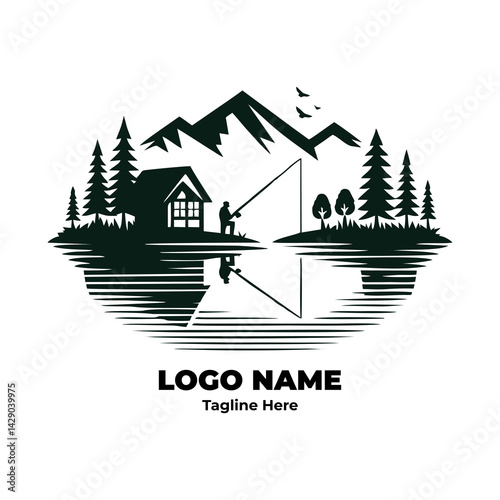 Outdoor Fishing Badge Logo Design with Rustic Lodge Illustration Wilderness Retreat Vintage Cabin Branding Lake Fishing Adventure Emblem Nature Inspired Fisherman Logo for Resorts
