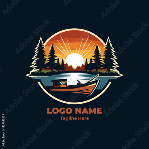 Rustic Outdoor Fishing Lodge Logo Featuring Vintage Fishing Adventure Badge with Cabin Forest Lake and Wilderness Elements for Angler Club Resort Branding and Nature Retreat Promotion