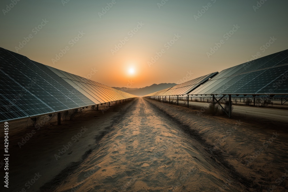 Obraz premium Solar Panels Reflecting Sunrise Across a Vast and Arid Desert Expanse
