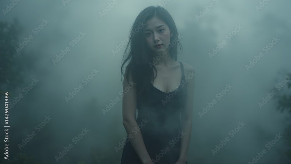 Fototapeta premium Mysterious Asian Woman in Fog: Moody Portrait, Dark Dress, Haunting Beauty, Ethereal Atmosphere
