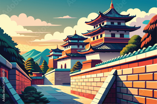 Ancient Asian Cityscape. Serene Temples and Mountain Views