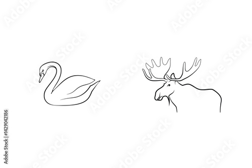 Minimalist Line Art Swan And Moose Illustration Isolated On White Background