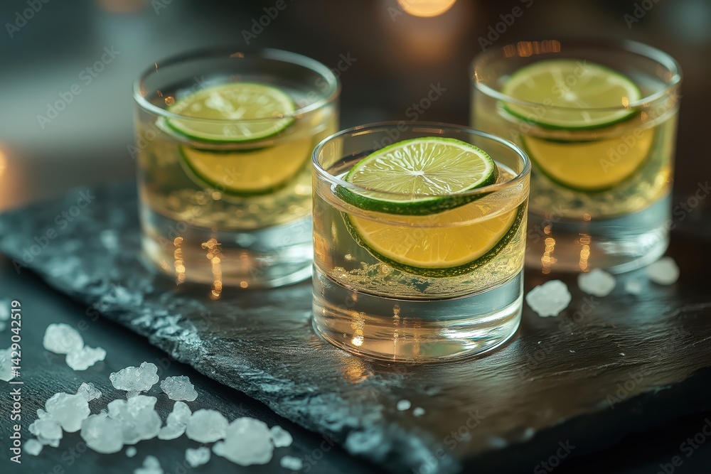 Three kamikaze shots with lime garnish and salt on slate plate Three kamikaze shots with lime garnish and salt on slate plate