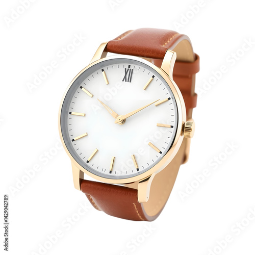 Detailed Classic Wristwatch 3d Render, Featuring A Leather Strap And A Plain White Background. Timepiece Shows Accurate Time. The Watch Showcases Sophisticated Design. An Elegant Accessory For Daily