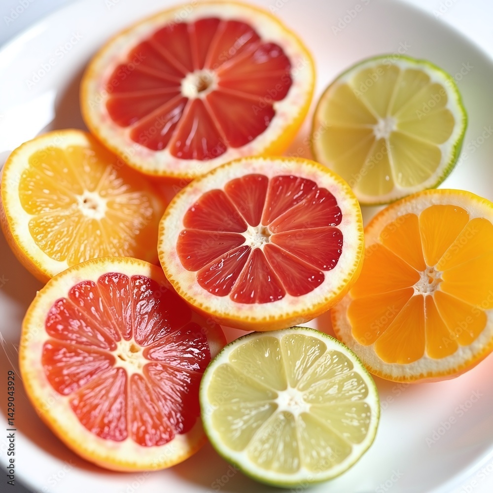 Fresh and Colorful Citrus Fruit Slices on a White Plate Close-Up Fresh and Colorful Citrus Fruit Slices on a White Plate Close-Up
