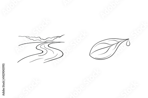 Minimalist Line Art Of Landscape With River And Leaf With Water Drop