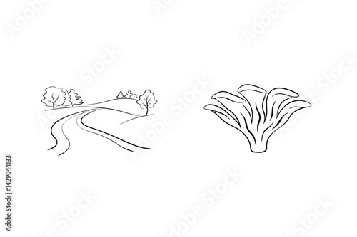 Minimalist Landscape Sketch With Road And Tree Line Alongside A Chanterelle Outline
