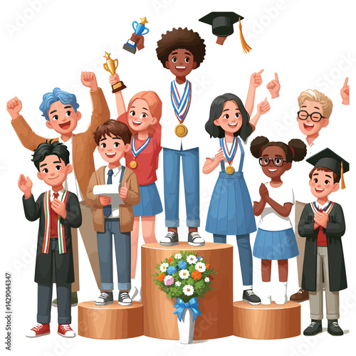 Happy group of children and adults celebrating a birthday with smiles and fun in a cheerful cartoon style